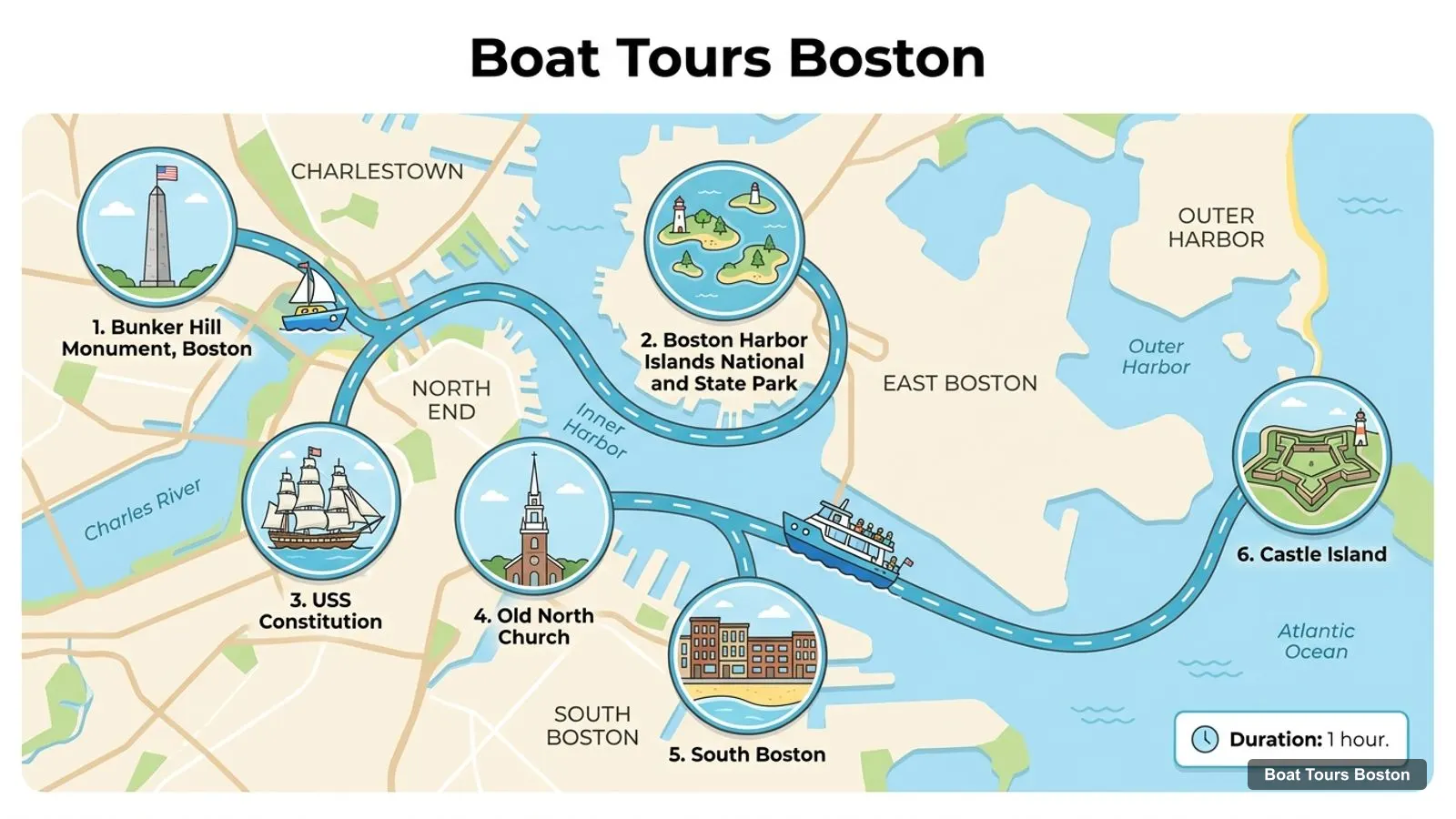 Boat Tours Boston map with numbered sights and piers: Bunker Hill Monument, Boston, Boston Harbor Islands National and State Park, USS Constitution, Old North Church, South Boston, Castle Island