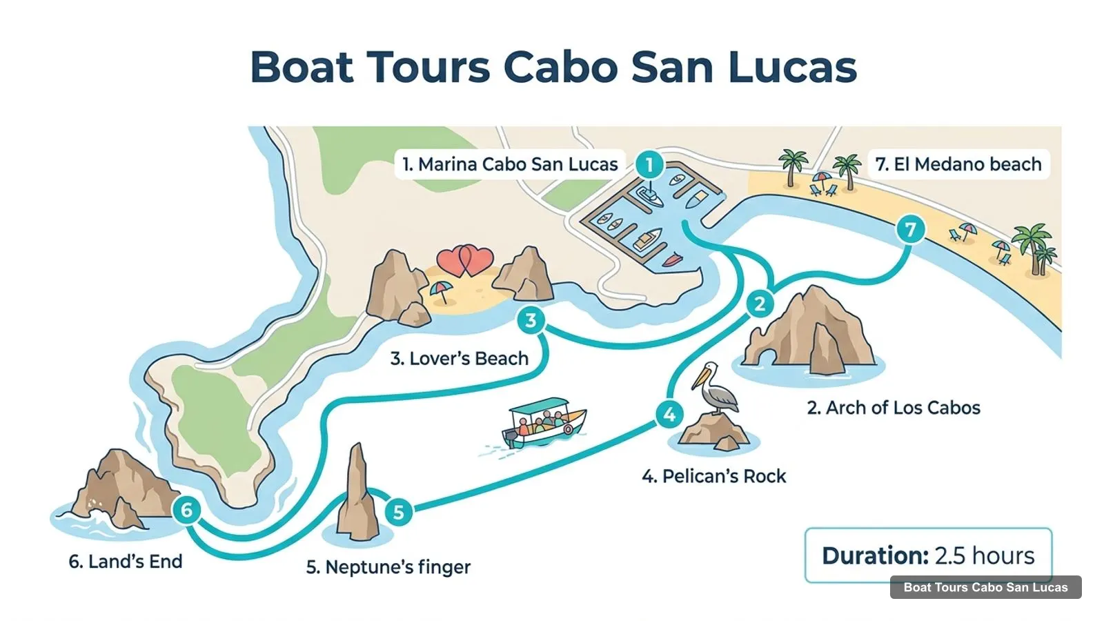 Boat Tours Cabo San Lucas map with numbered sights and piers: Marina Cabo San Lucas, Arch of Los Cabos, Lover’s Beach, Pelican’s Rock, Neptune’s finger, Land’s End, El Medano beach