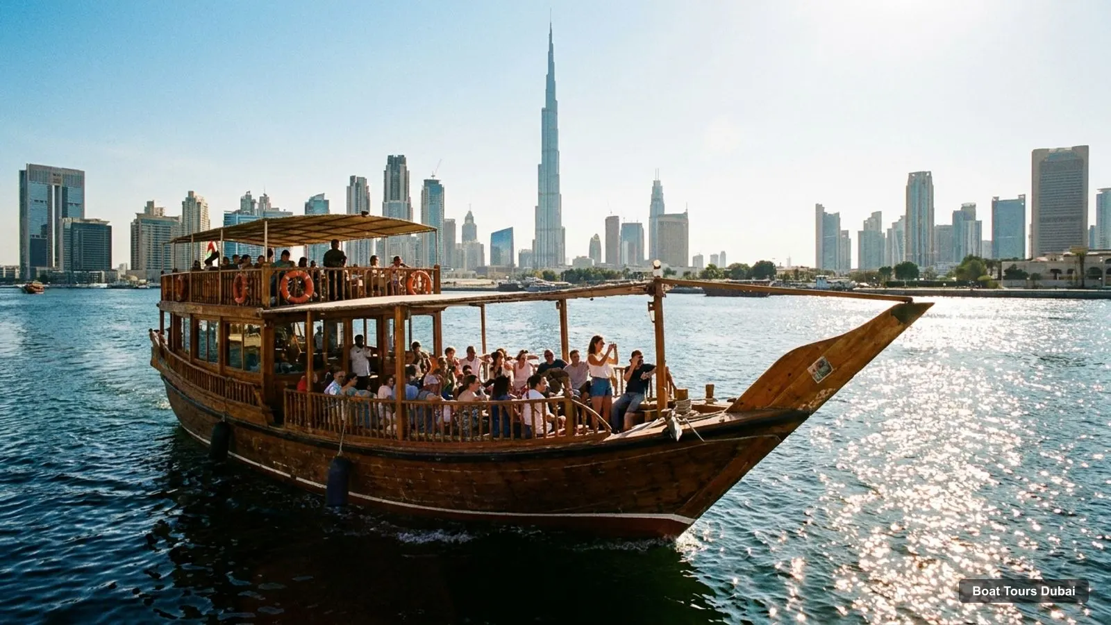 Boat Tours Dubai – sightseeing boat on the water near Burj Khalifa