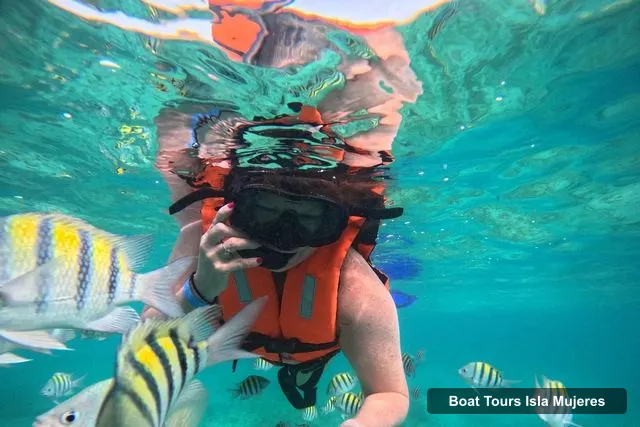 Boat Tours in Isla Mujeres – Snorkeling tour at 3 spots, Underwater Museum and reefs!