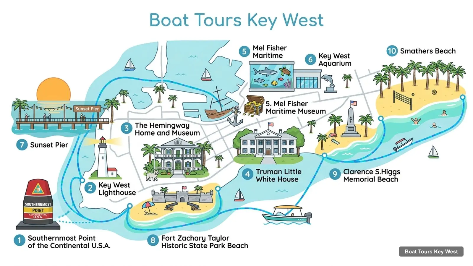 Boat Tours Key West map with numbered sights and piers: Southernmost Point of the Continental U.S.A., Key West Lighthouse, The Hemingway Home and Museum, Truman Little White House, Mel Fisher Maritime Museum, Key West Aquarium, Sunset Pier, Fort Zachary Taylor Historic State Park Beach, Clarence S.Higgs Memorial Beach, Smathers Beach