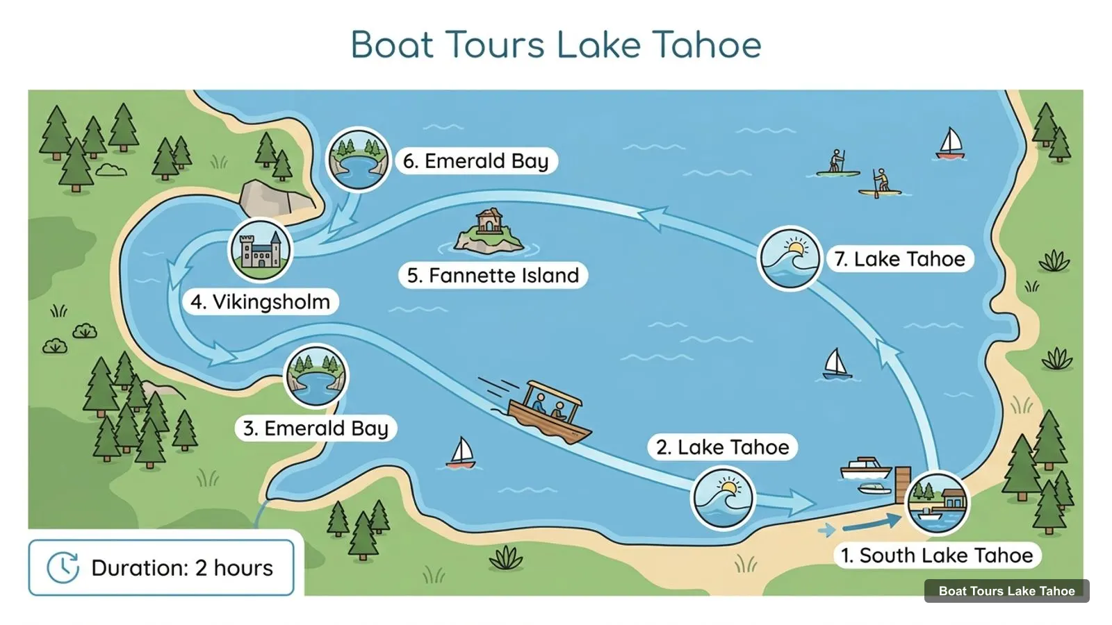 Boat Tours Lake Tahoe map with numbered sights and piers: South Lake Tahoe, Lake Tahoe, Emerald Bay, Vikingsholm, Fannette Island, Emerald Bay, Lake Tahoe