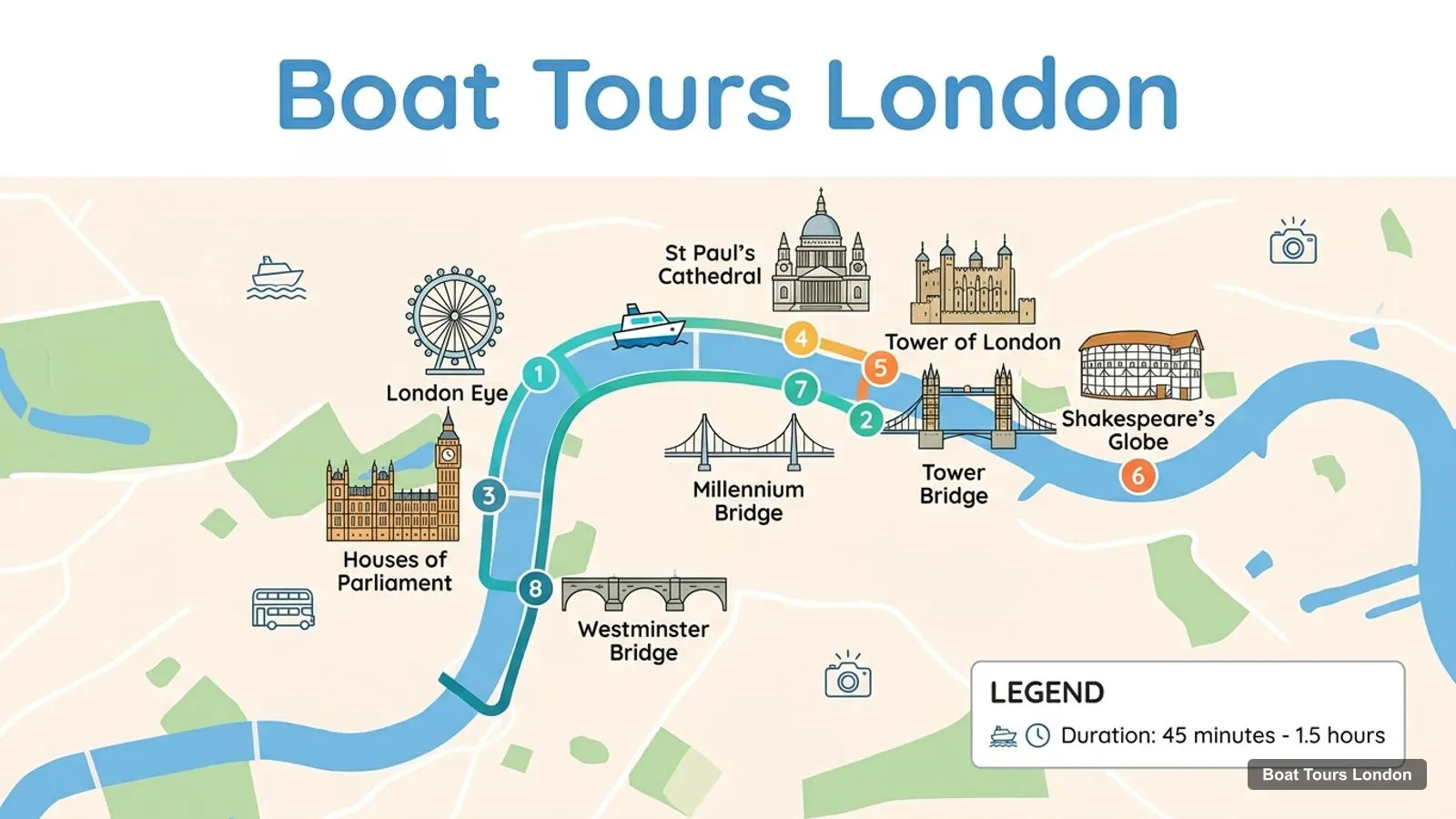 Boat Tours London map with numbered sights and piers: London Eye, Tower Bridge, Houses of Parliament, St Paul's Cathedral, Tower of London, Shakespeare’s Globe, Millennium Bridge, Westminster Bridge