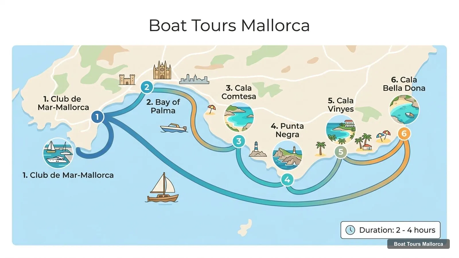 Boat Tours Mallorca map with numbered sights and piers: Club de Mar-Mallorca, Bay of Palma, Cala Comtesa, Punta Negra, Cala Vinyes, Cala Bella Dona