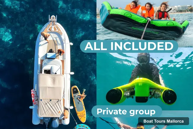 Mallorca Boat Trips – Private Boat Charter, Meal, Drinks, SUP & Tubing