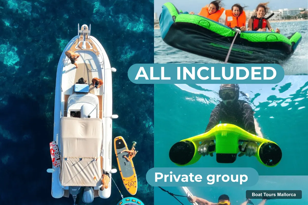Mallorca Boat Trips – Private Boat Charter, Meal, Drinks, SUP & Tubing
