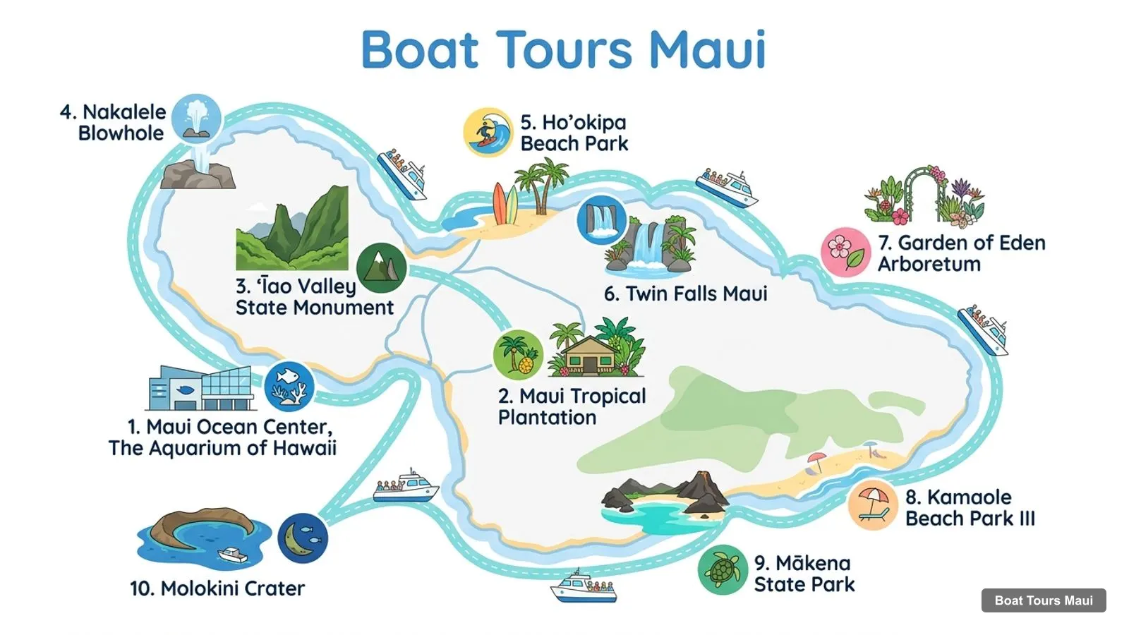 Boat Tours Maui map with numbered sights and piers: Maui Ocean Center, The Aquarium of Hawaii, Maui Tropical Plantation, ʻĪao Valley State Monument, Nakalele Blowhole, Ho'okipa Beach Park, Twin Falls Maui, Garden of Eden Arboretum, Kamaole Beach Park III, Mākena State Park, Molokini Crater