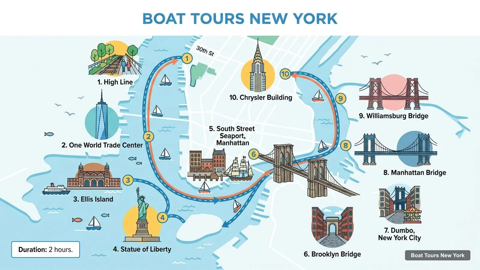 Boat Tours New York map with numbered sights and piers: High Line, One World Trade Center, Ellis Island, Statue of Liberty, South Street Seaport, Manhattan, Brooklyn Bridge, Dumbo, New York City, Manhattan Bridge, Williamsburg Bridge, Chrysler Building