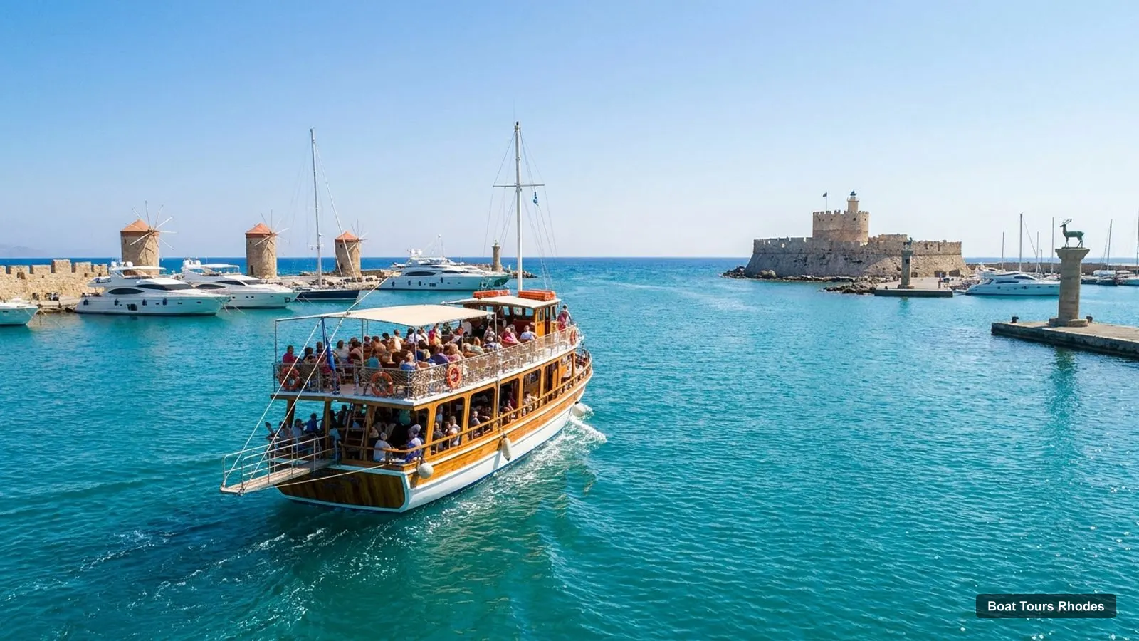 Boat Tours Rhodes – sightseeing boat on the water near Mandraki Marina & Port