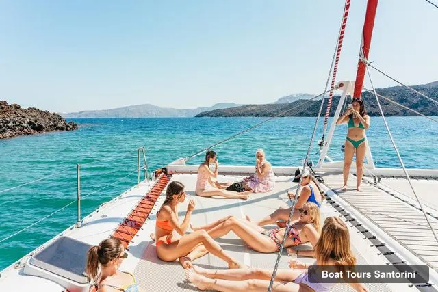 Boat Tours Santorini – Catamaran Tour with BBQ Dinner, Drinks, and Music
