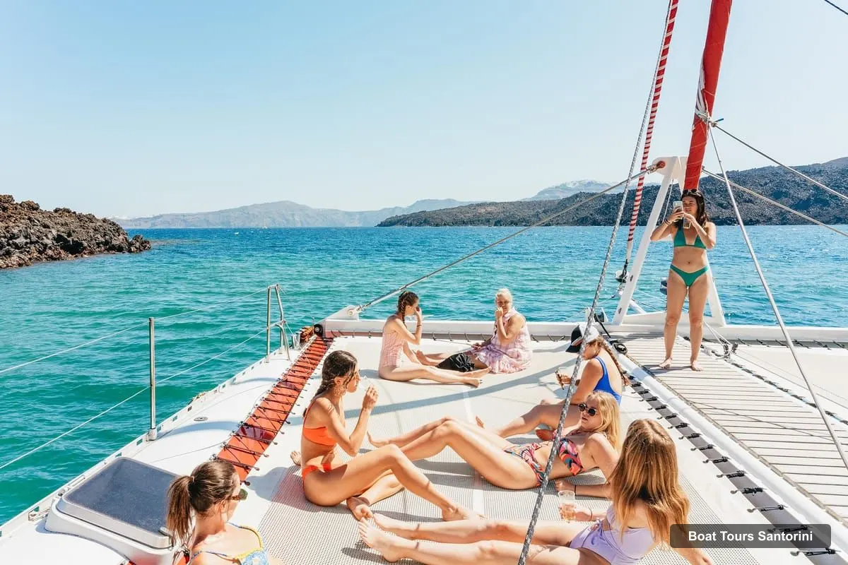 Boat Tours Santorini – Catamaran Tour with BBQ Dinner, Drinks, and Music