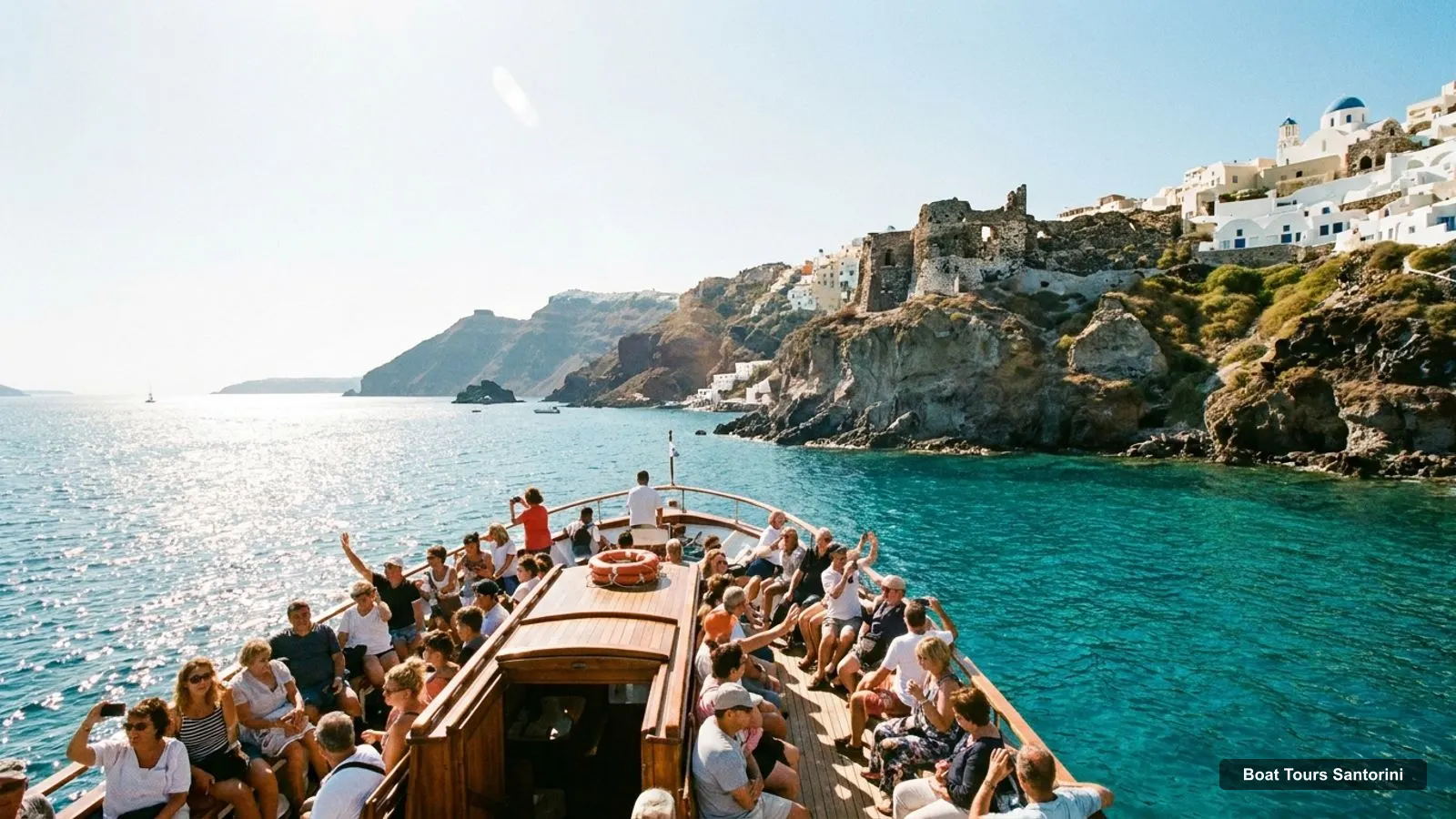 Boat Tours Santorini – sightseeing boat on the water near Castle of Oia