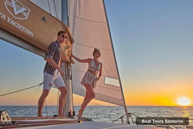 Santorini Boat Trips – Santorini Gold Catamaran Cruise with Snorkel, BBQ & Open Bar