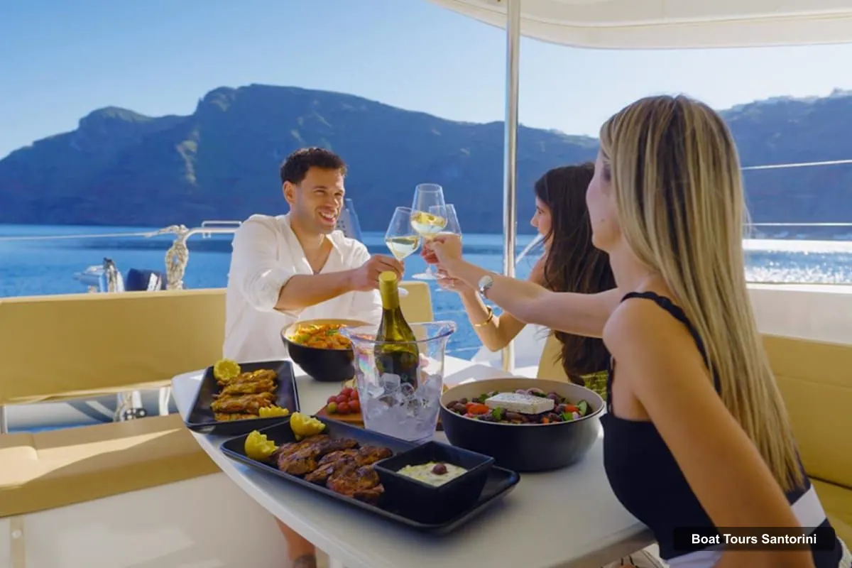 Santorini Boat Trips – Santorini Gold Catamaran Cruise with Snorkel, BBQ & Open Bar (photo 3)