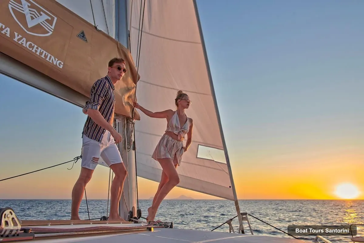 Santorini Boat Trips – Santorini Gold Catamaran Cruise with Snorkel, BBQ & Open Bar