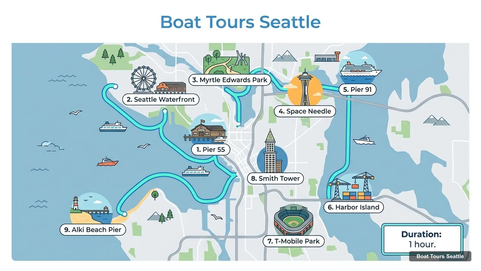 Boat Tours Seattle map with numbered sights and piers: Pier 55, Seattle Waterfront, Myrtle Edwards Park, Space Needle, Pier 91, Harbor Island, T-Mobile Park, Smith Tower, Alki Beach Pier