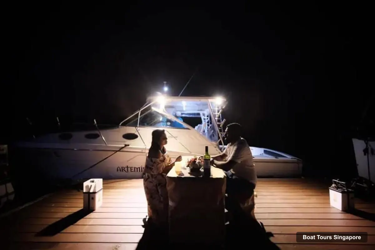 Boat Tours in Singapore – Private Sunset Dinner Cruise on Modern 34 ft Yacht