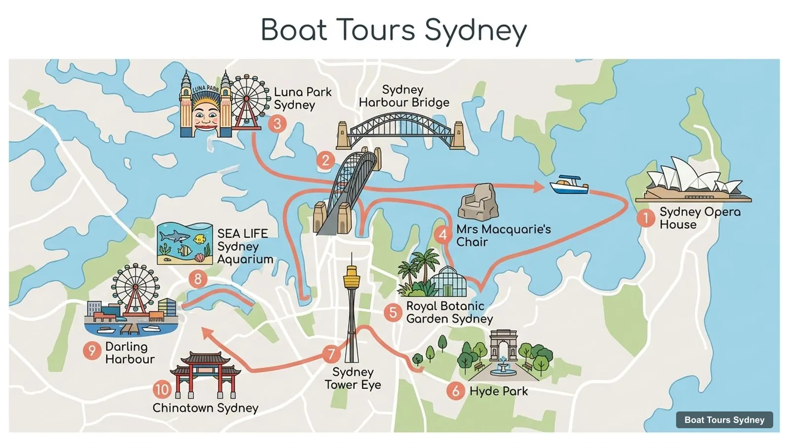 Boat Tours Sydney map with numbered sights and piers: Sydney Opera House, Sydney Harbour Bridge, Luna Park Sydney, Mrs Macquarie's Chair, Royal Botanic Garden Sydney, Hyde Park, Sydney Tower Eye, SEA LIFE Sydney Aquarium, Darling Harbour, Chinatown Sydney