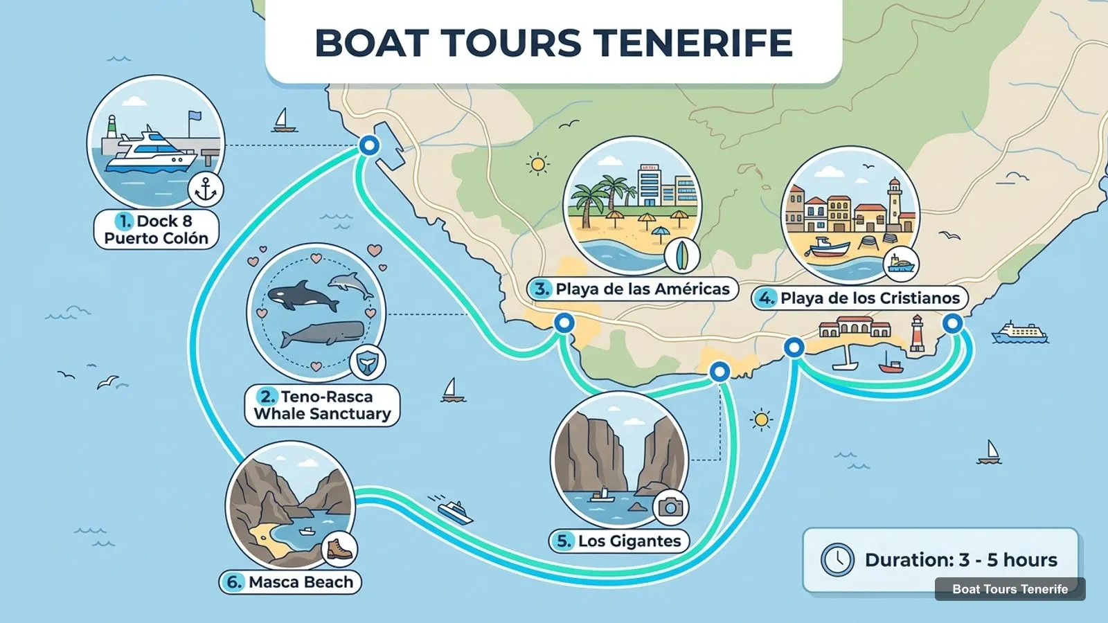 Boat Tours Tenerife map with numbered sights and piers: Dock 8 Puerto Colón, Teno-Rasca Whale Sanctuary, Playa de las Américas, Playa de los Cristianos, Los Gigantes, Masca Beach